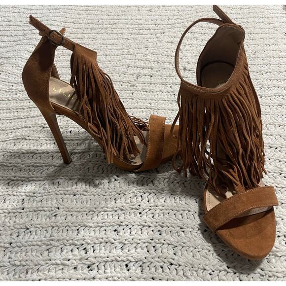 Liliana Fringe Heels Stiletto Sandals Women's Size 7.5 Brown Faux Suede Open Toe - Picture 1 of 9